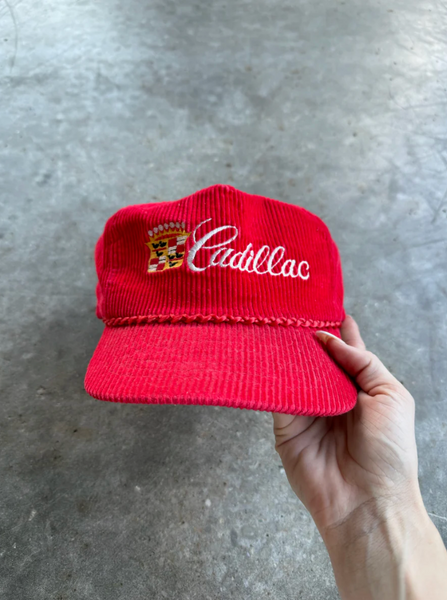 VINTAGE RED CORDUROY CADILLAC ADJUSTABLE HAT